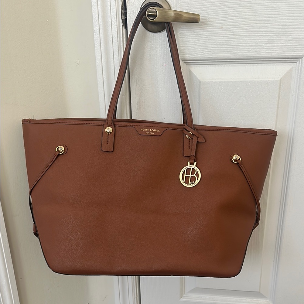 Henri Bendel Brown And Tan Tote Bag With Textured Leather And Gold Hardware